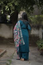 Thumbnail for Preksha Creation Women Blue Premium Vichitra Silk Embroidered Straight Cut Kurti & Pant With Dupatta - Distacart