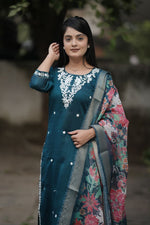 Thumbnail for Preksha Creation Women Blue Premium Vichitra Silk Embroidered Straight Cut Kurti & Pant With Dupatta - Distacart