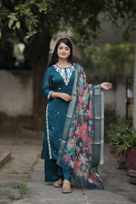 Thumbnail for Preksha Creation Women Blue Premium Vichitra Silk Embroidered Straight Cut Kurti & Pant With Dupatta - Distacart