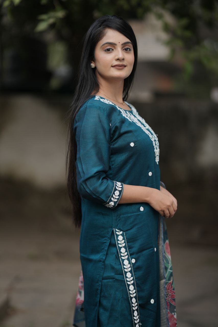 Preksha Creation Women Blue Premium Vichitra Silk Embroidered Straight Cut Kurti & Pant With Dupatta - Distacart