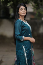 Thumbnail for Preksha Creation Women Blue Premium Vichitra Silk Embroidered Straight Cut Kurti & Pant With Dupatta - Distacart