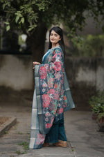 Thumbnail for Preksha Creation Women Blue Premium Vichitra Silk Embroidered Straight Cut Kurti & Pant With Dupatta - Distacart