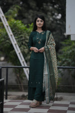 Thumbnail for Preksha Creation Women Green Premium Vichitra Silk Hand Work Straight Cut Kurti & Pant With Dupatta - Distacart