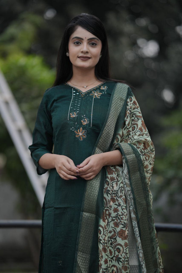 Preksha Creation Women Green Premium Vichitra Silk Hand Work Straight Cut Kurti & Pant With Dupatta - Distacart