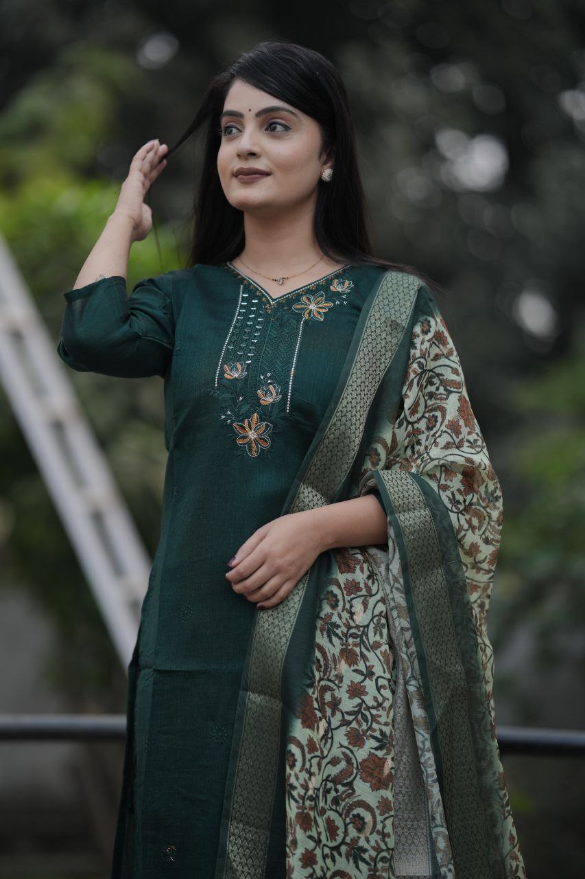 Preksha Creation Women Green Premium Vichitra Silk Hand Work Straight Cut Kurti & Pant With Dupatta - Distacart