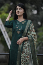 Thumbnail for Preksha Creation Women Green Premium Vichitra Silk Hand Work Straight Cut Kurti & Pant With Dupatta - Distacart