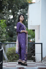 Thumbnail for Preksha Creation Women Lavender Premium Vichitra Silk Embroidered Straight Cut Kurti & Pant With Dupatta - Distacart