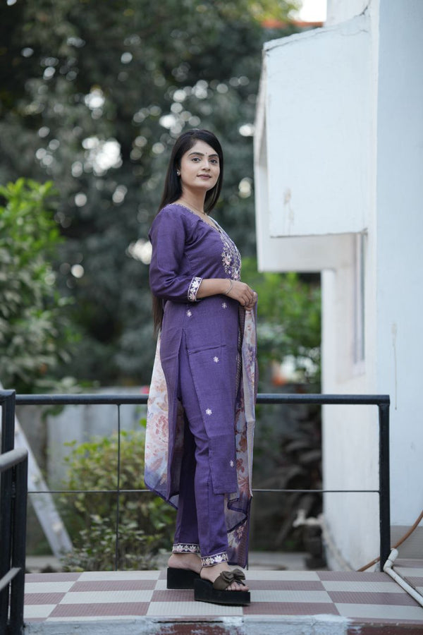 Preksha Creation Women Lavender Premium Vichitra Silk Embroidered Straight Cut Kurti & Pant With Dupatta - Distacart