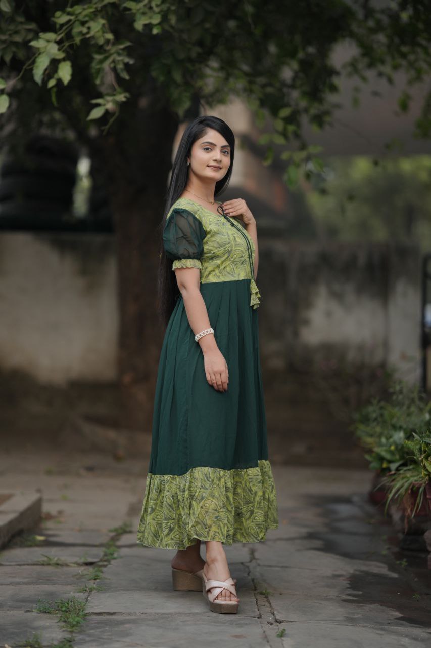 Preksha Creation Women Green Georgette Floral Maxi dress Gown - Distacart