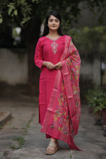 Thumbnail for Preksha Creation Women Pink Premium Maslin silk Hand Work Straight Cut Kurti & Pant With Dupatta - Distacart