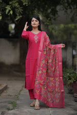 Thumbnail for Preksha Creation Women Pink Premium Maslin silk Hand Work Straight Cut Kurti & Pant With Dupatta - Distacart