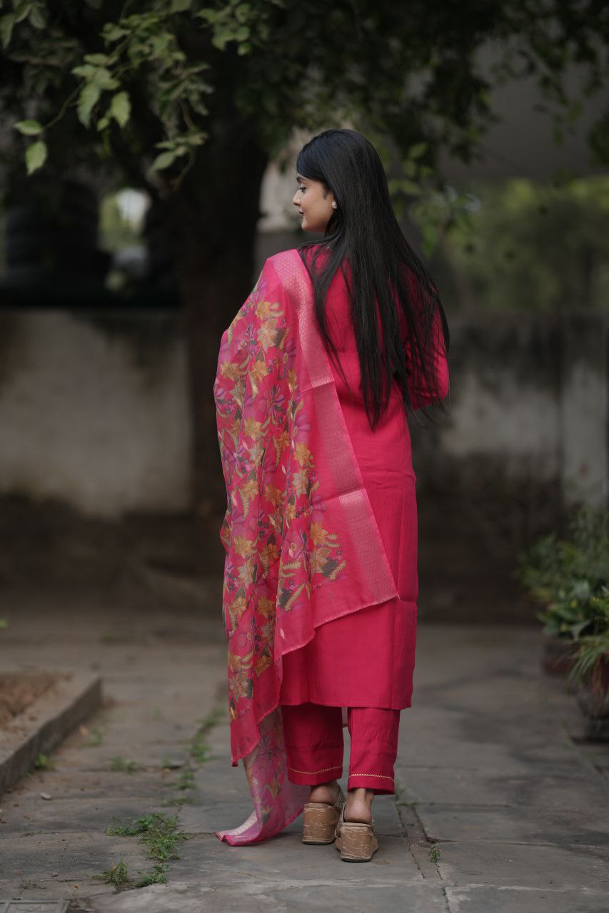 Preksha Creation Women Pink Premium Maslin silk Hand Work Straight Cut Kurti & Pant With Dupatta - Distacart