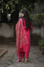 Thumbnail for Preksha Creation Women Pink Premium Maslin silk Hand Work Straight Cut Kurti & Pant With Dupatta - Distacart