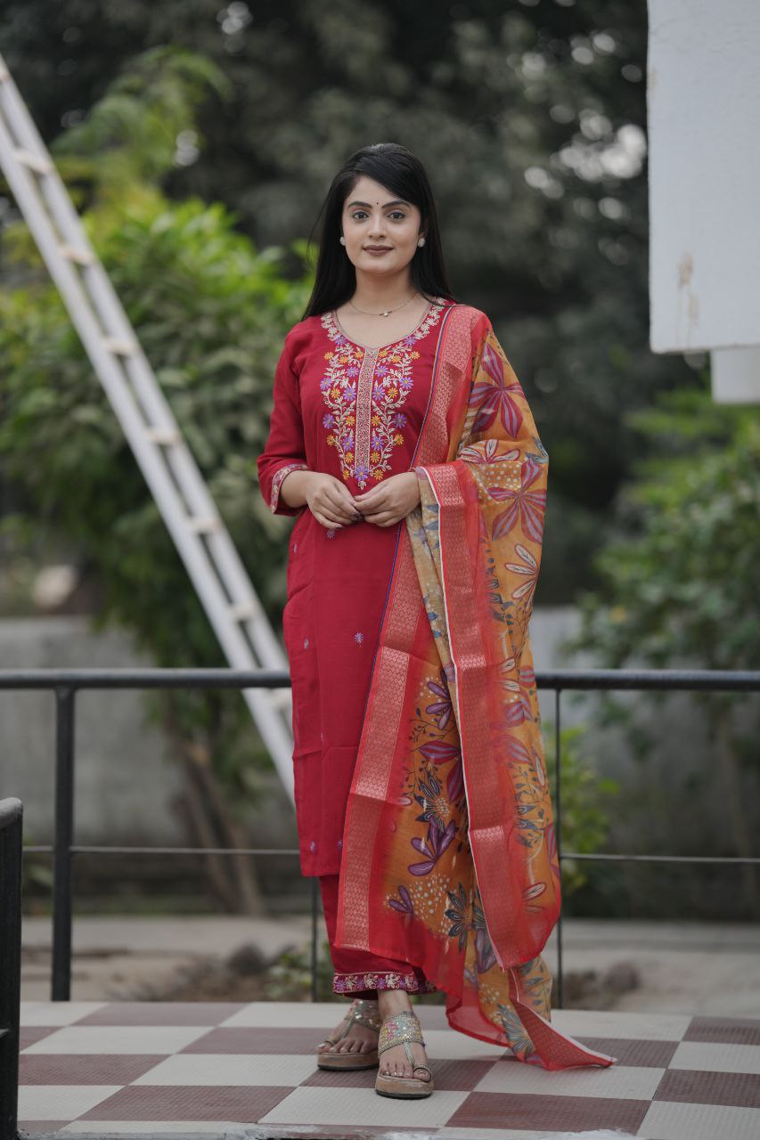 Preksha Creation Women Red Premium Vichitra Silk Embroidered Straight Cut Kurti & Pant With Dupatta - Distacart