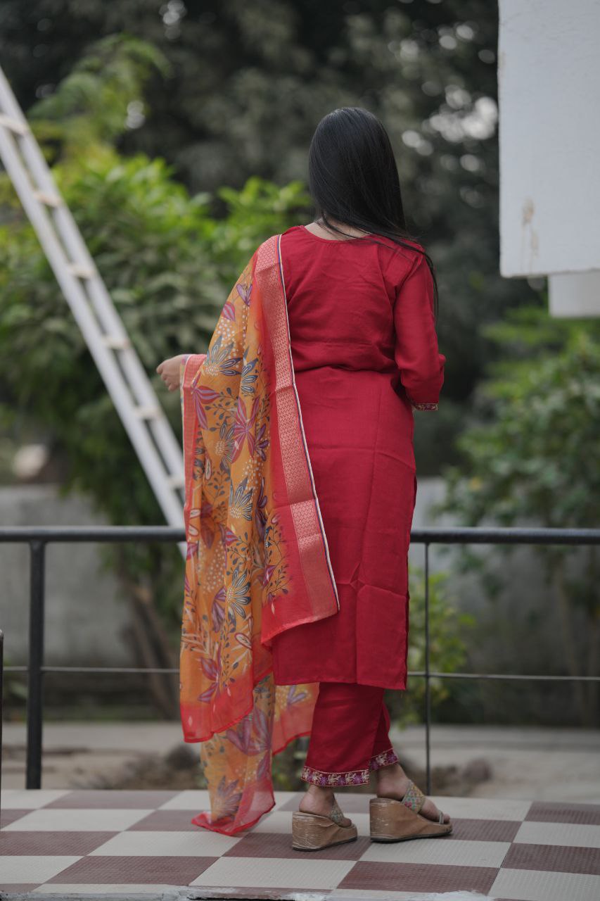 Preksha Creation Women Red Premium Vichitra Silk Embroidered Straight Cut Kurti & Pant With Dupatta - Distacart