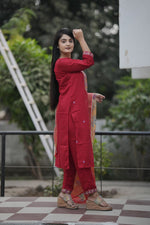 Thumbnail for Preksha Creation Women Red Premium Vichitra Silk Embroidered Straight Cut Kurti & Pant With Dupatta - Distacart