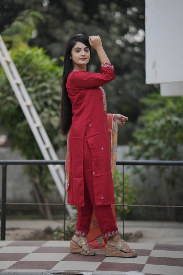 Preksha Creation Women Red Premium Vichitra Silk Embroidered Straight Cut Kurti & Pant With Dupatta - Distacart