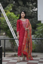 Thumbnail for Preksha Creation Women Red Premium Vichitra Silk Embroidered Straight Cut Kurti & Pant With Dupatta - Distacart
