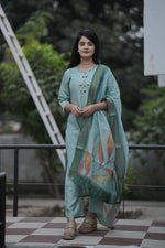 Thumbnail for Preksha Creation Women Pista Premium Maslin silk Hand Work Straight Cut Kurti & Pant With Dupatta - Distacart