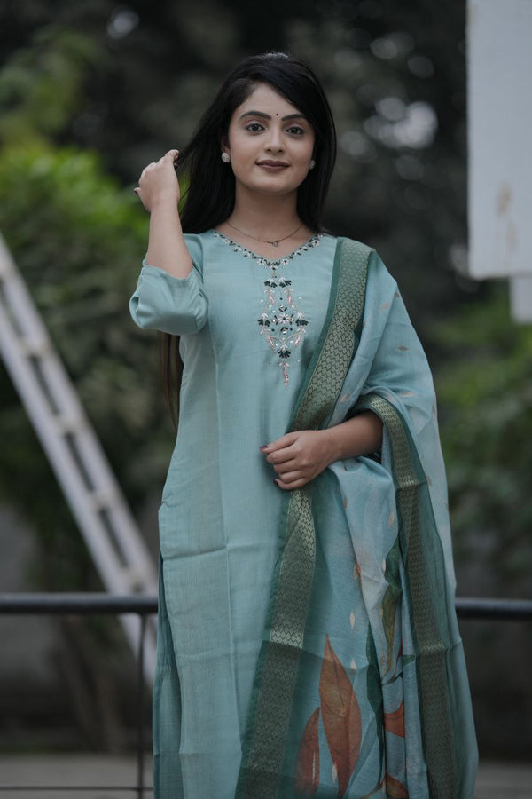 Preksha Creation Women Pista Premium Maslin silk Hand Work Straight Cut Kurti & Pant With Dupatta - Distacart