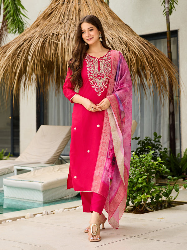 The52 Women's Gorgeous Viscose Embroidery work Straight Kurta with Pant and Dupatta Set