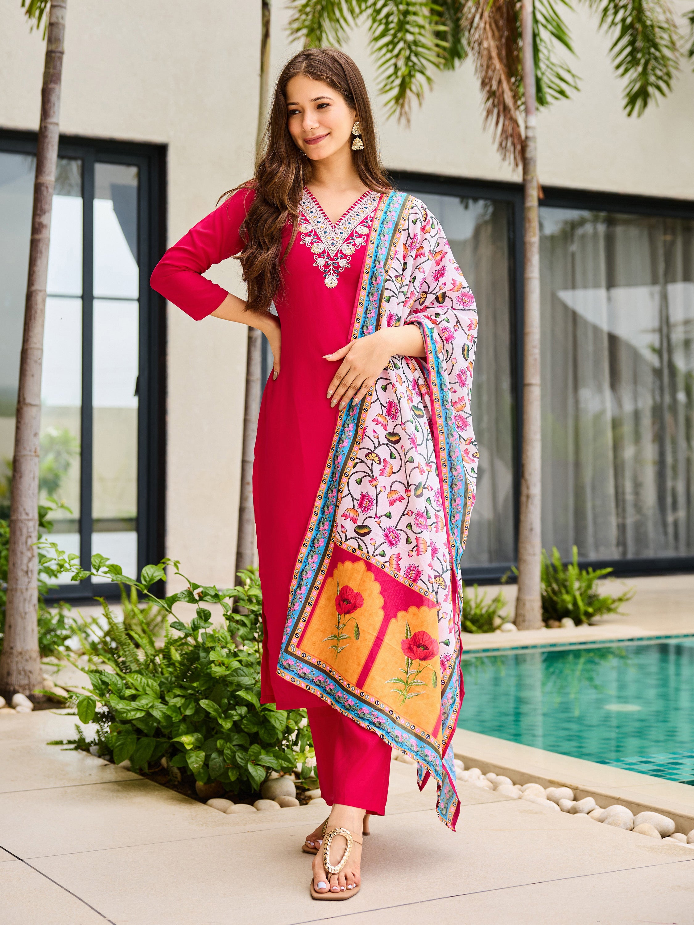 The52 Thread Work Rayon Fabric Straight Kurta, Pant and Dupatta Set
