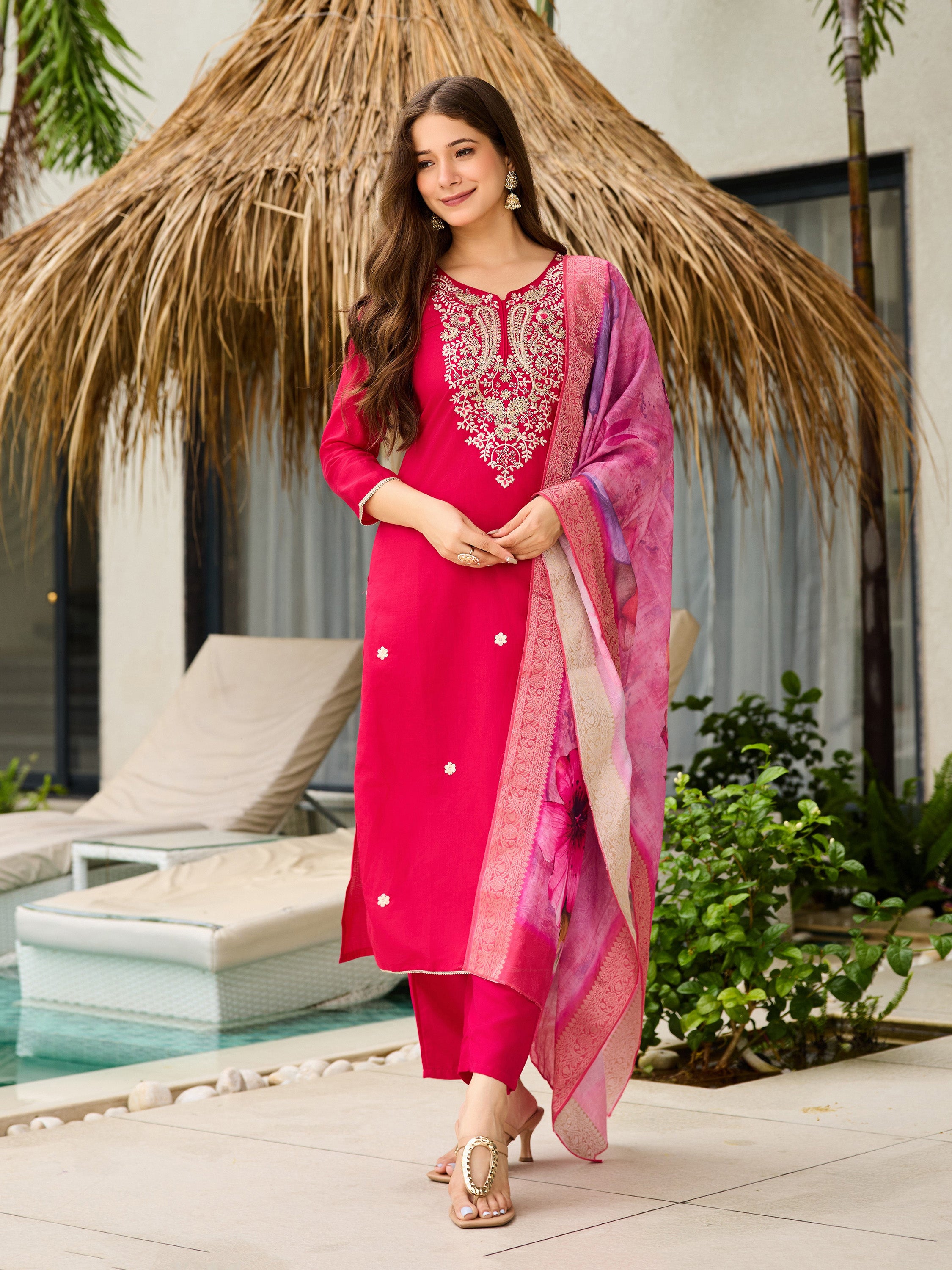 The52 Women's Gorgeous Viscose Embroidery work Straight Kurta with Pant and Dupatta Set