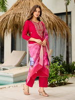 Thumbnail for The52 Women's Gorgeous Viscose Embroidery work Straight Kurta with Pant and Dupatta Set