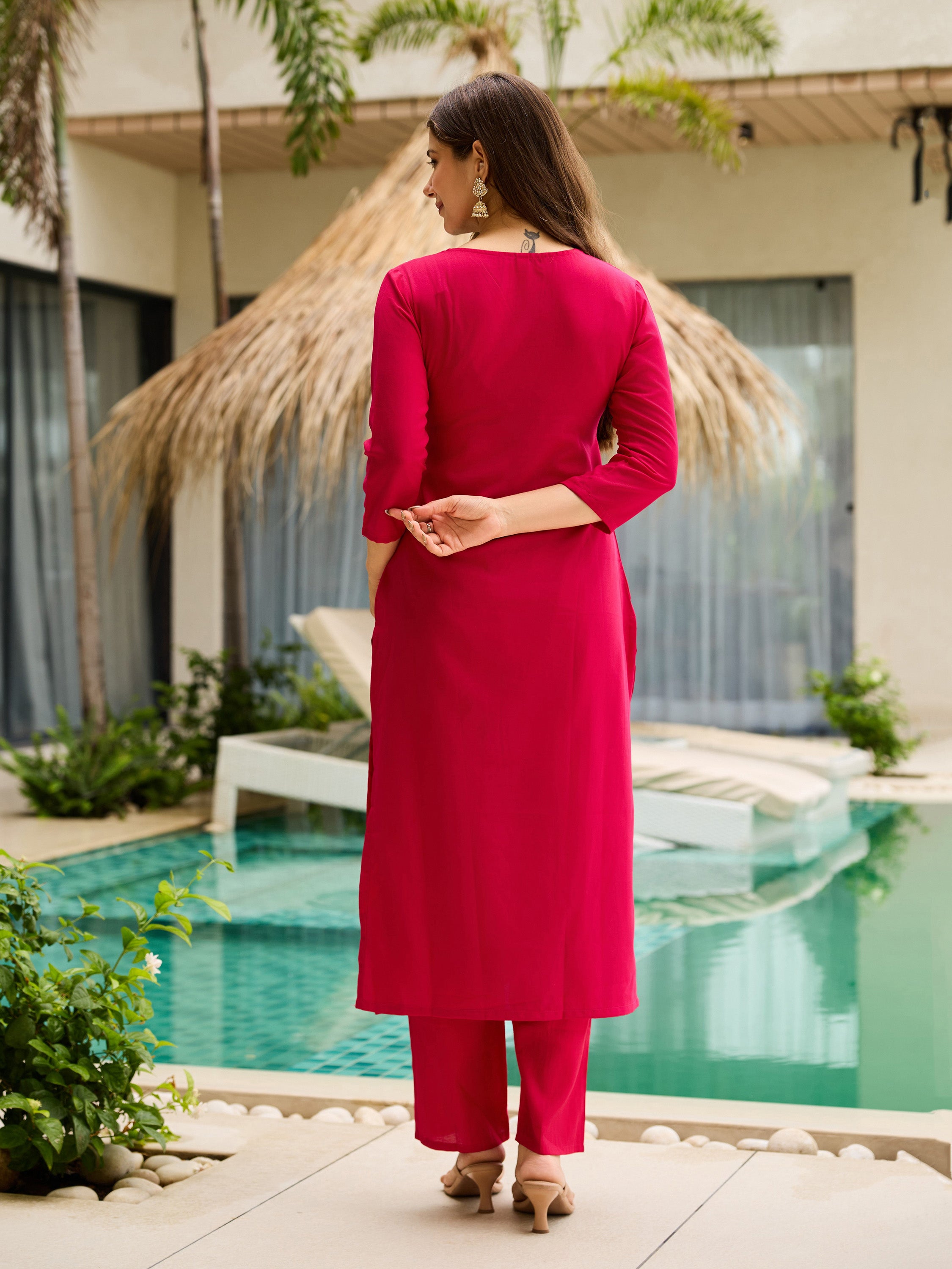 The52 Thread Work Rayon Fabric Straight Kurta, Pant and Dupatta Set