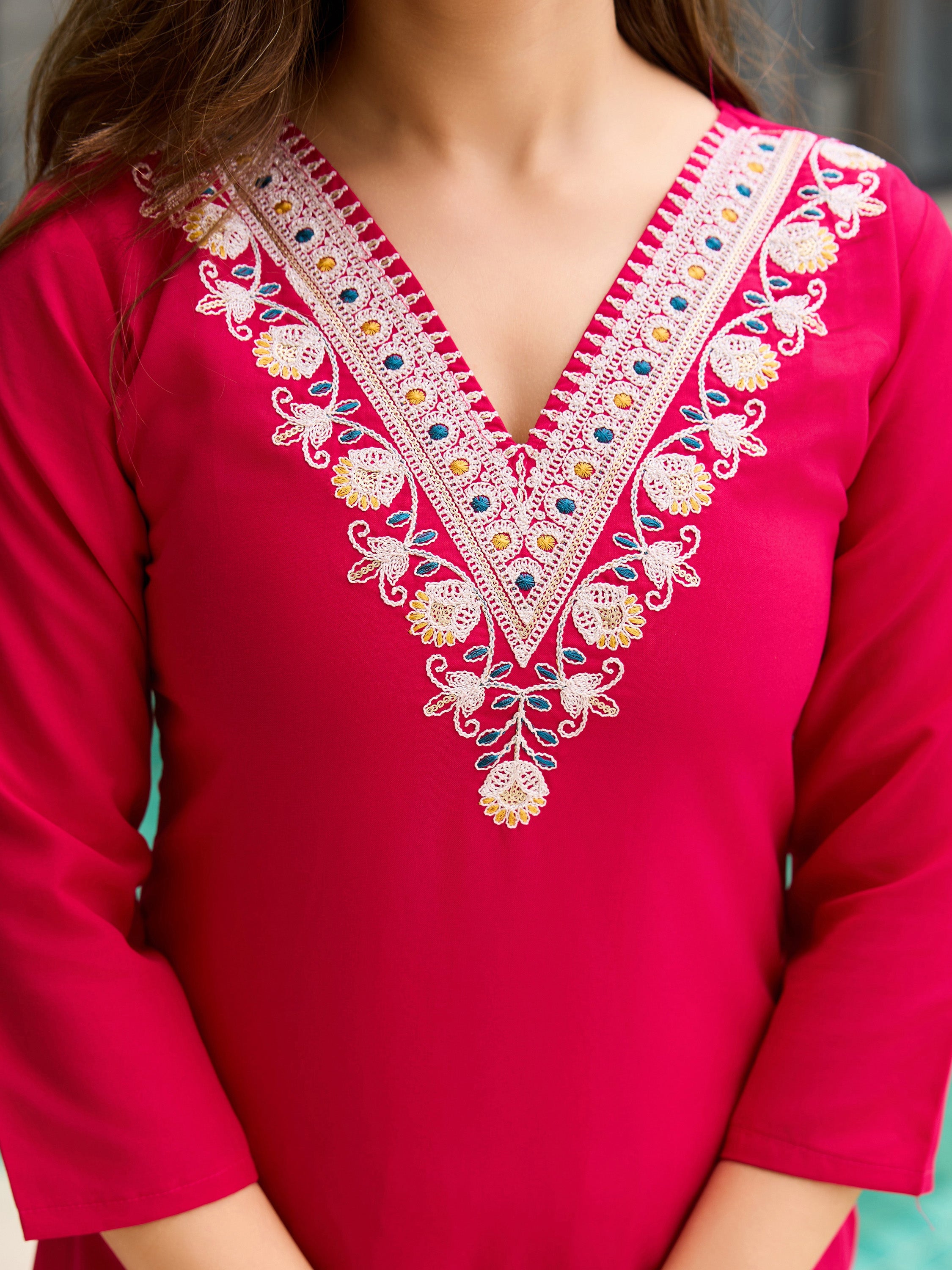 The52 Thread Work Rayon Fabric Straight Kurta, Pant and Dupatta Set