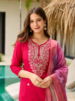 Thumbnail for The52 Women's Gorgeous Viscose Embroidery work Straight Kurta with Pant and Dupatta Set