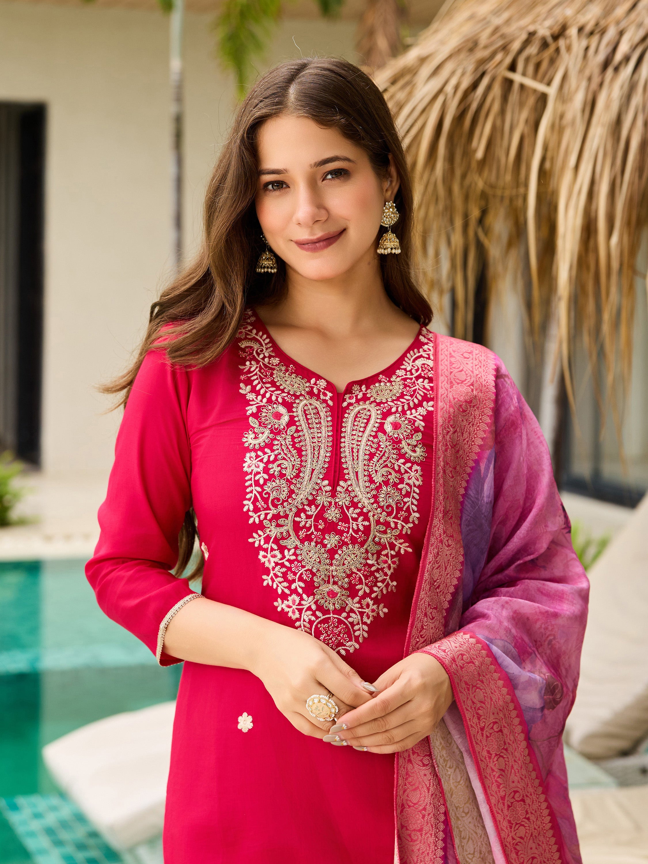 The52 Women's Gorgeous Viscose Embroidery work Straight Kurta with Pant and Dupatta Set