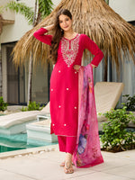 Thumbnail for The52 Women's Gorgeous Viscose Embroidery work Straight Kurta with Pant and Dupatta Set