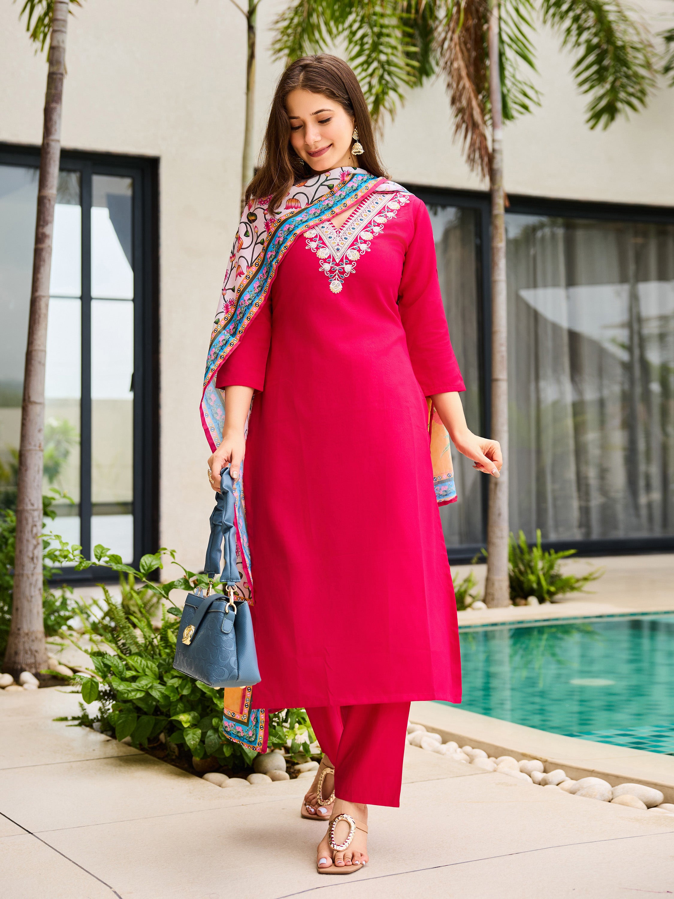 The52 Thread Work Rayon Fabric Straight Kurta, Pant and Dupatta Set