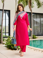 Thumbnail for The52 Thread Work Rayon Fabric Straight Kurta, Pant and Dupatta Set