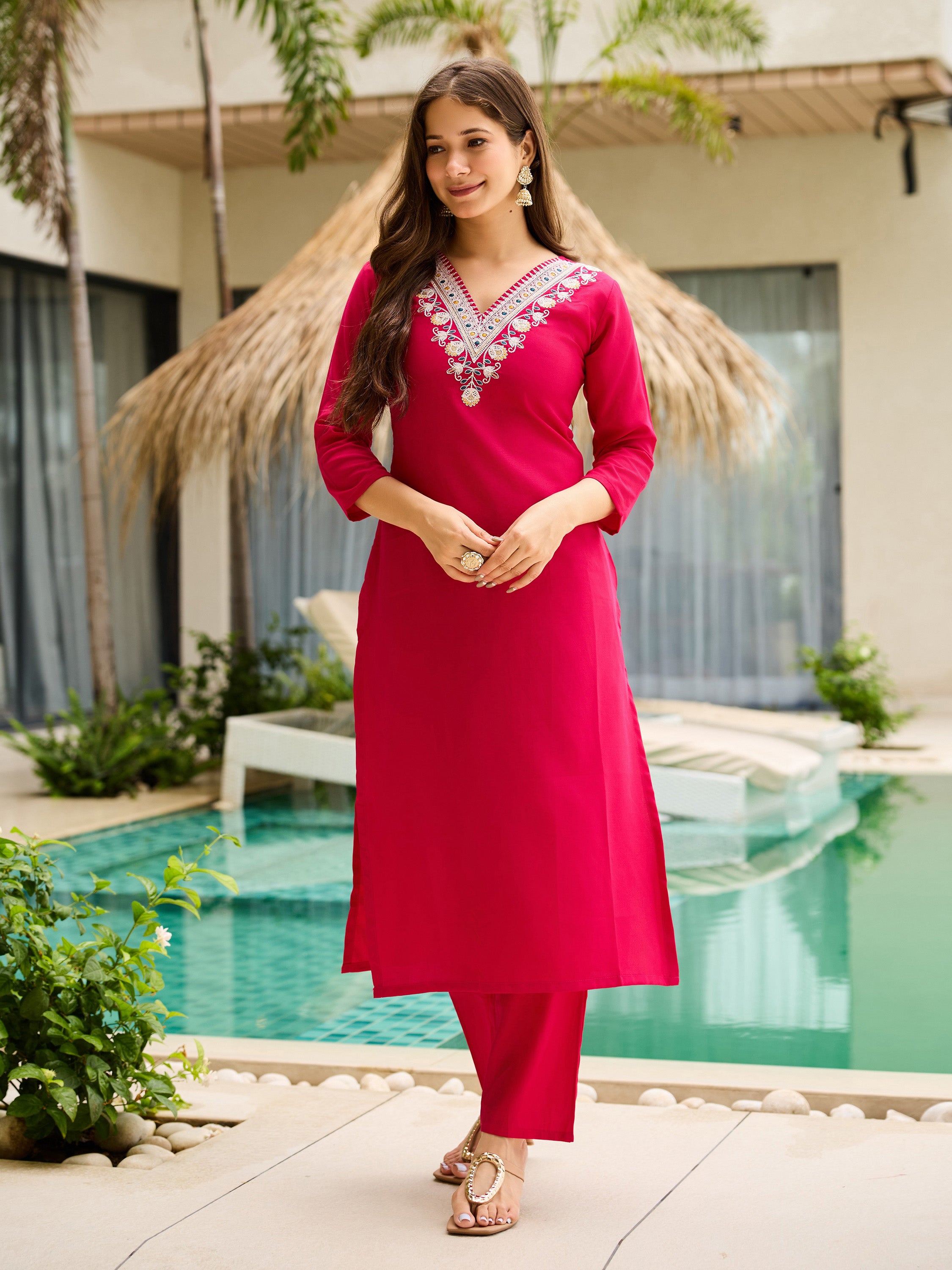 The52 Thread Work Rayon Fabric Straight Kurta, Pant and Dupatta Set