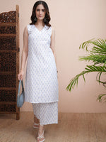 Thumbnail for Vishudh White Printed Straight Pure Cotton Kurta with Palazzos - Distacart