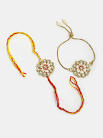 Thumbnail for NVR Women & Men Set of 2 Gold Kundan-Studded Bhaiya Bhabhi Rakhi Set With Roli Chawal - Distacart