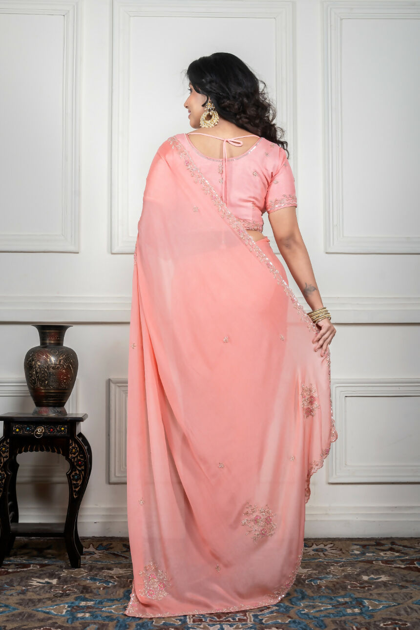 Morchari Peach Chiffon Hand Embroidery Saree And Stitched Blouse