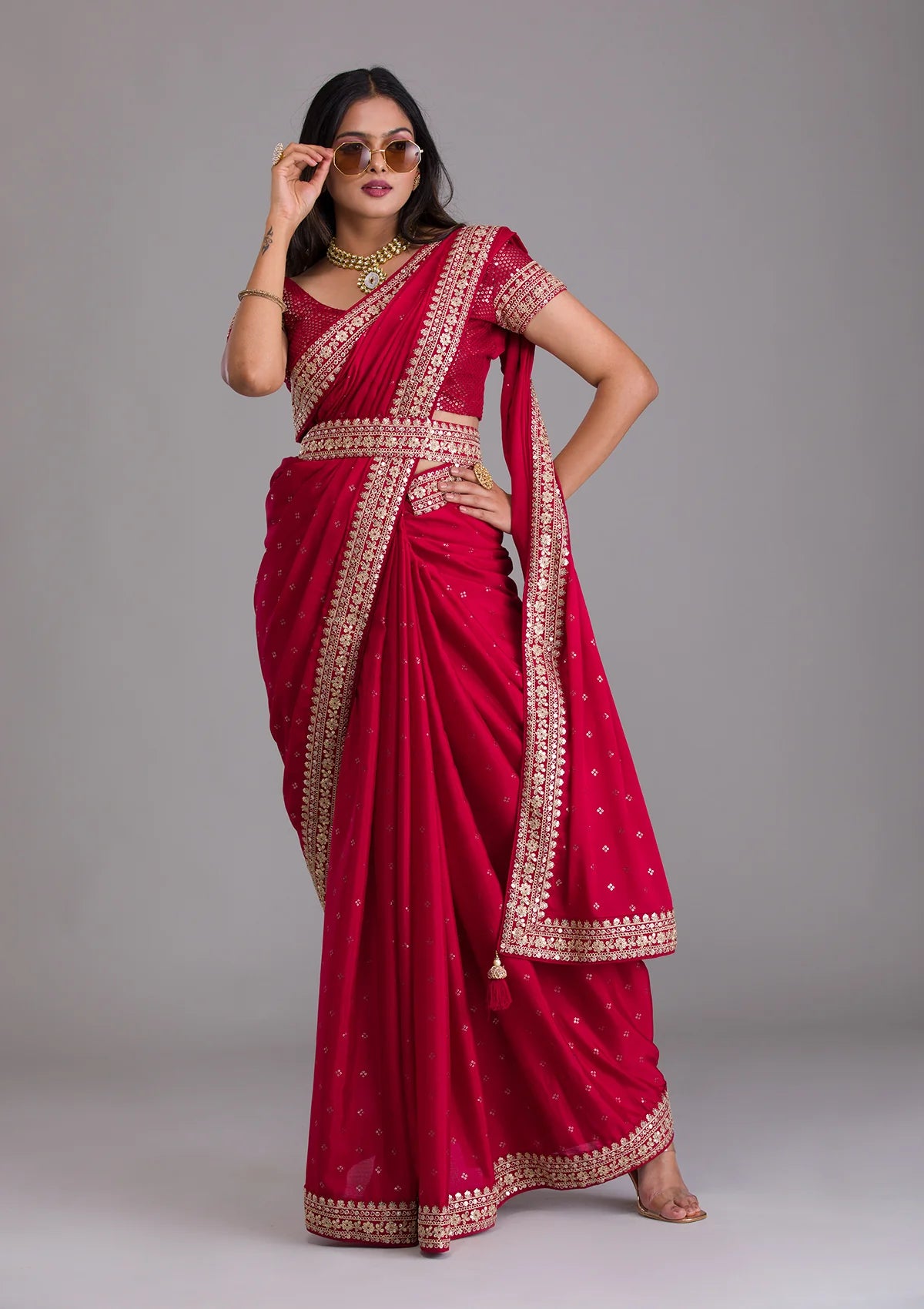 Teeya Creation Red Color Chinnon Silk Heavy Embroidery Work Saree