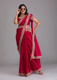 Thumbnail for Teeya Creation Red Color Chinnon Silk Heavy Embroidery Work Saree