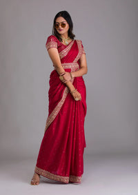 Thumbnail for Teeya Creation Red Color Chinnon Silk Heavy Embroidery Work Saree