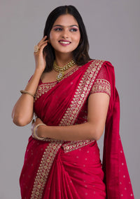 Thumbnail for Teeya Creation Red Color Chinnon Silk Heavy Embroidery Work Saree