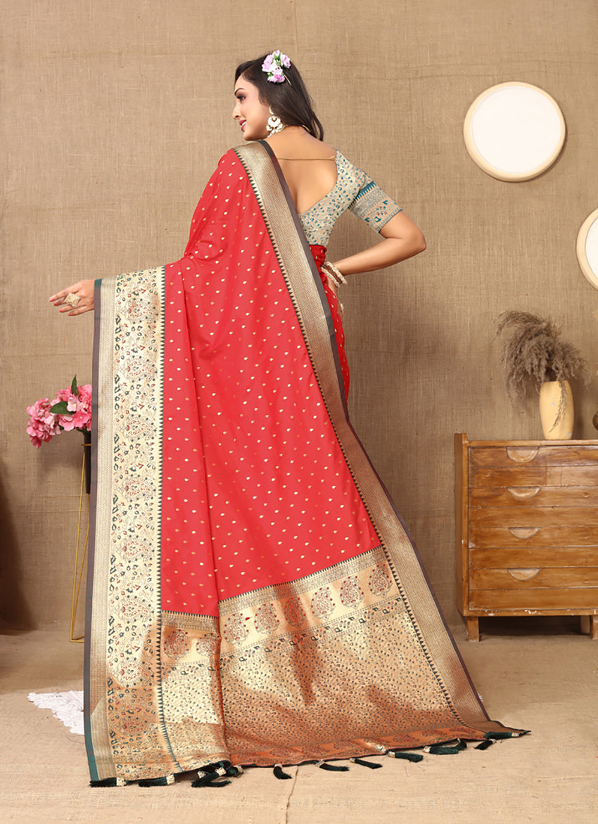 Lorenvalley Fashion Red Soft Silk weaving Design Rich Zari Weaving Saree