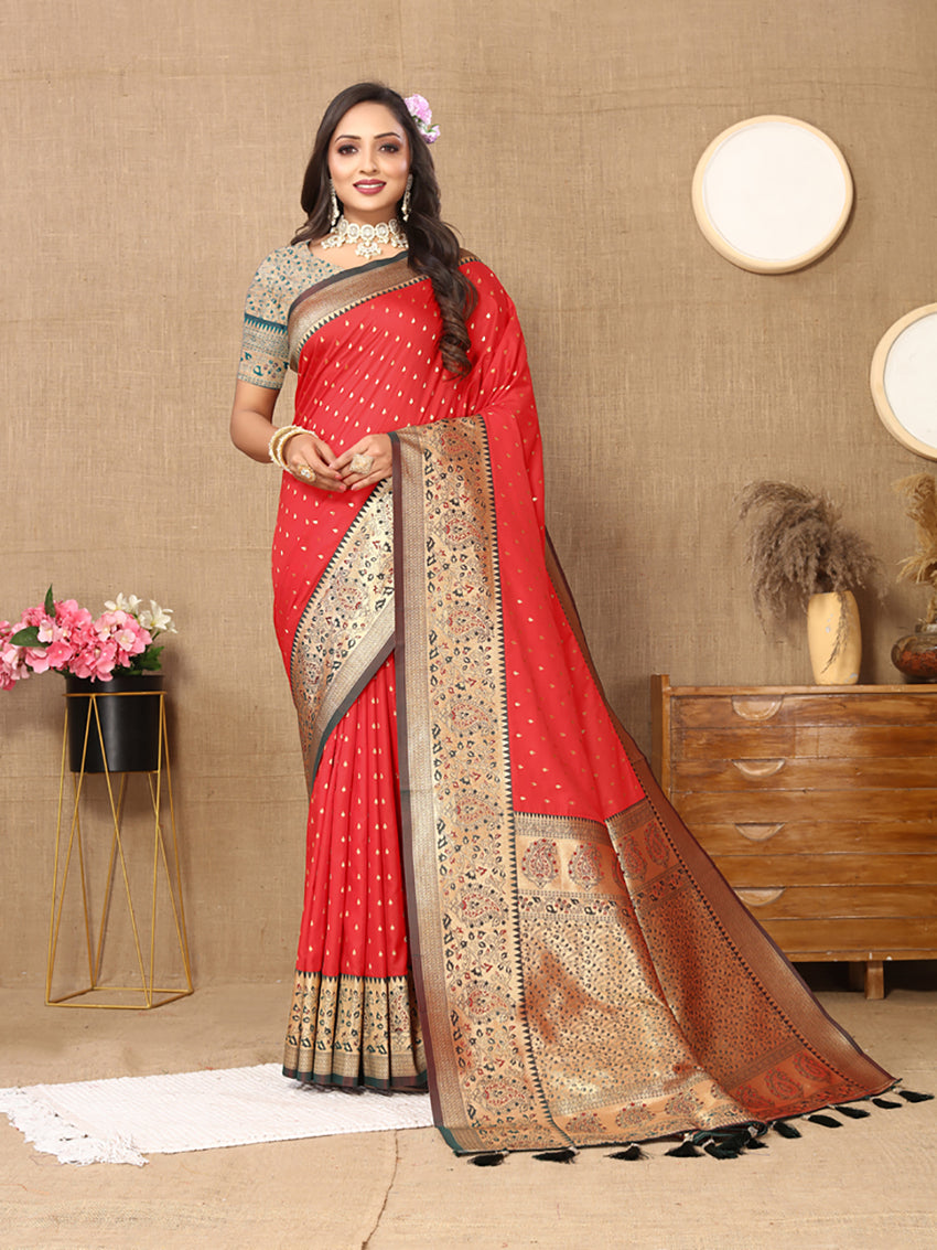 Lorenvalley Fashion Red Soft Silk weaving Design Rich Zari Weaving Saree