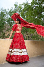 Thumbnail for Lorenvalley Red Pure Rayon with Foil Printed With Gota Patti And Paper Mirror Work Lehenga Choli - Distacart