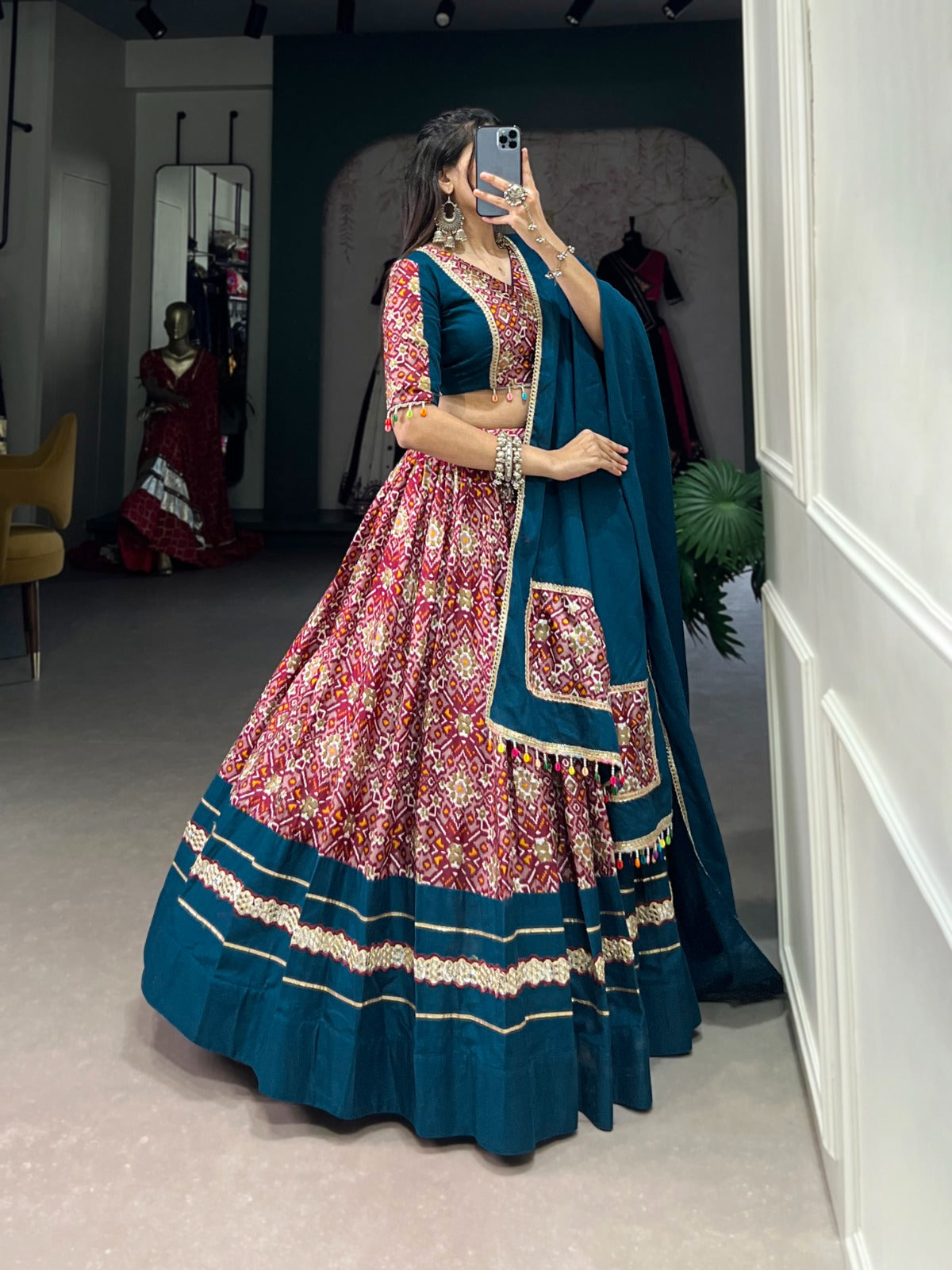 Lorenvalley Red Dola Silk and Rayon with Printed With Foil Work And Lace Touch Up Lehenga Choli - Distacart
