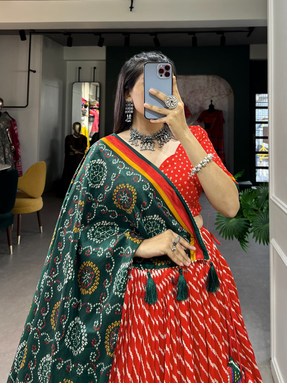 Lorenvalley Red Tussar Silk Lehenga Leheriya Patola Print Border With Choli Bandhej Print With Bandhej Print Gotta Patti Lace Border Dupatta