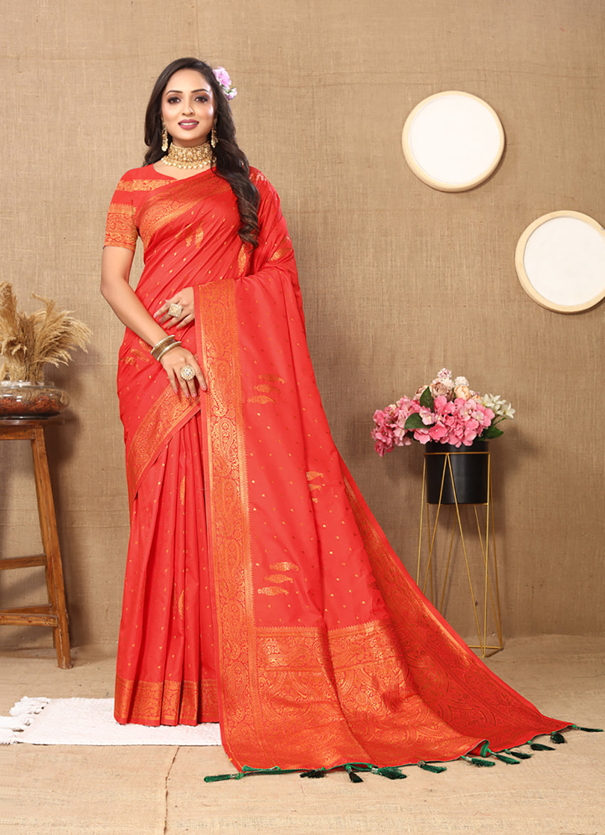 Lorenvalley Fashion Red Soft Silk Copper Zari weaving Design Saree