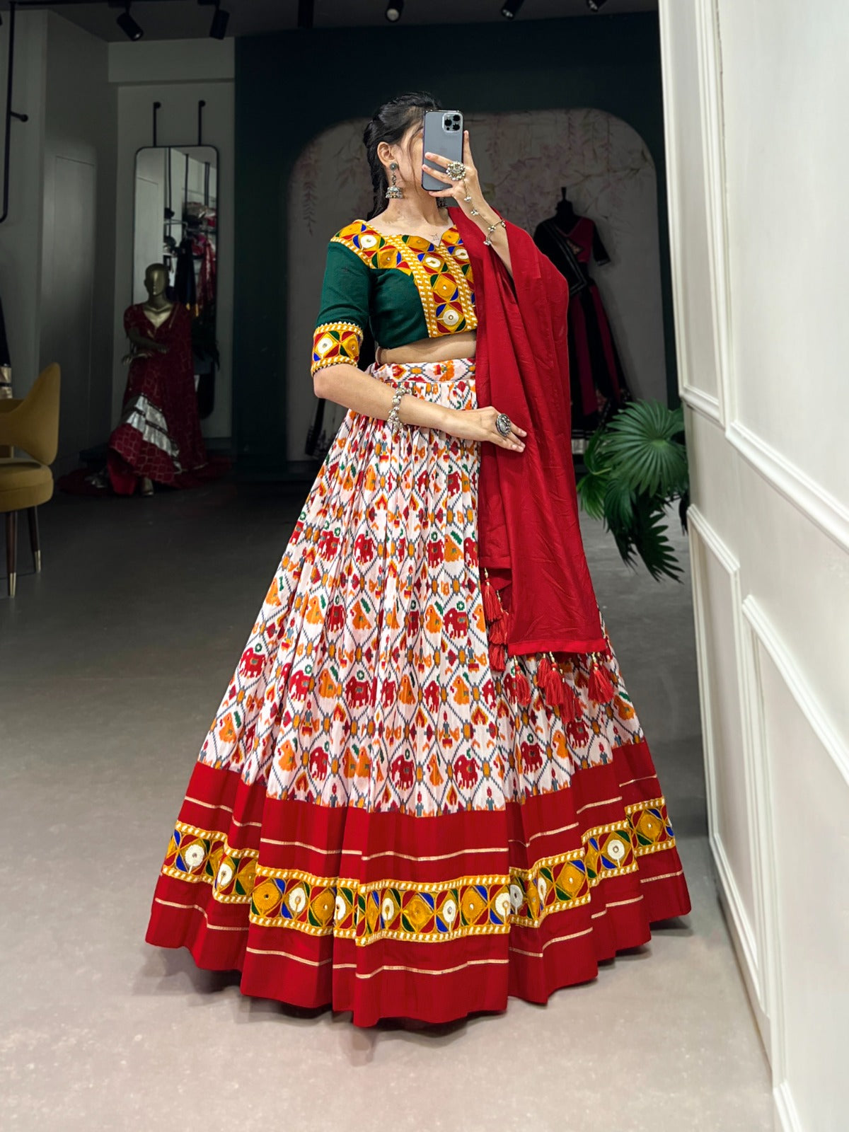 Lorenvalley Red Dola Silk and Cotton with Patola Print With Foil Work And Original Mirror Gamthi Lace Lehenga Choli - Distacart